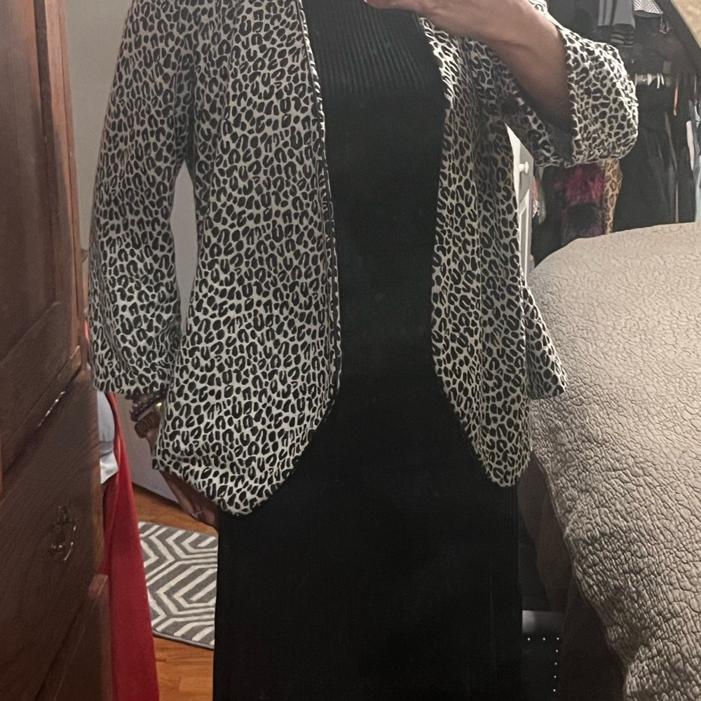 Elementz Women's Leopard Print Open-Front Blazer Jacket - Black & Cream